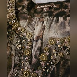 Mushkaby Sienna Rose Beaded Animal Print Flowy Large Blouse
